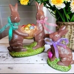 2pc Faux Chocolate Mommy Daddy Baby EASTER Bunny Rabbit Foil Egg Figure Decor